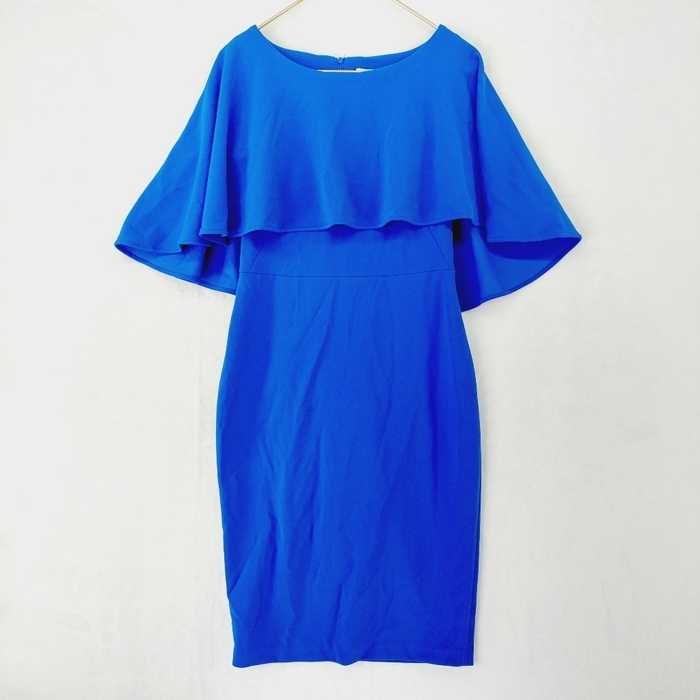 Calvin Klein Royal Blue Off Shoulder Ruffles Cocktail Pencil Midi Dress P2581